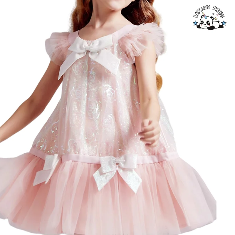 LEZONKIDS - Sequined Girl Dress Girls Ruffle Tulle Short Sleeve Sequin Tulle Dresses for Girls